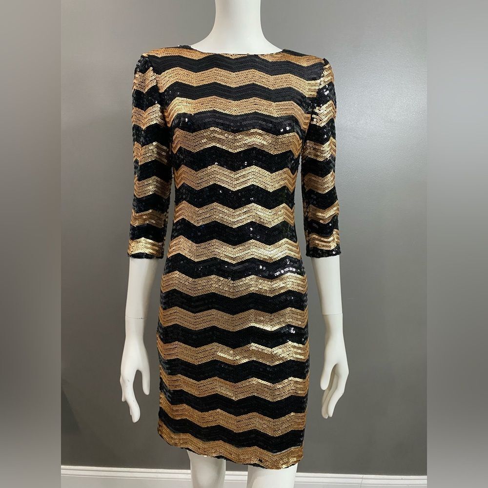 NWT $139 Gianni Bini Gold and Black Sequin Chevron Dress Size S